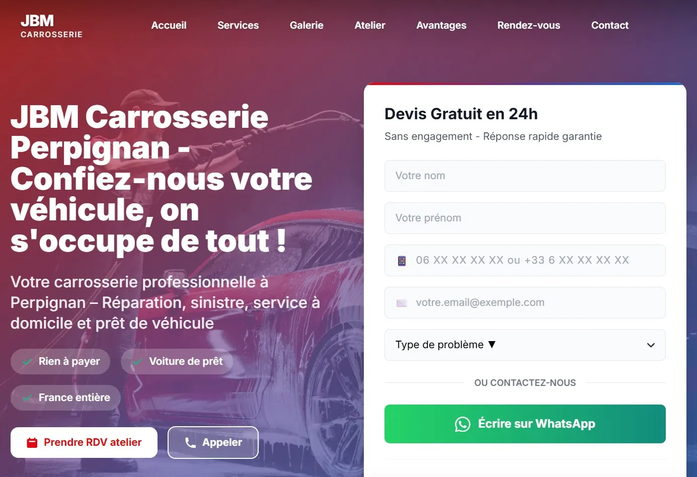 Capture d'écran du site web JBM CARROSSERIE - Site vitrine professionnel pour un garage de carrosserie automobile avec prise de rendez-vous réalisé par l'agence web Domoveillance